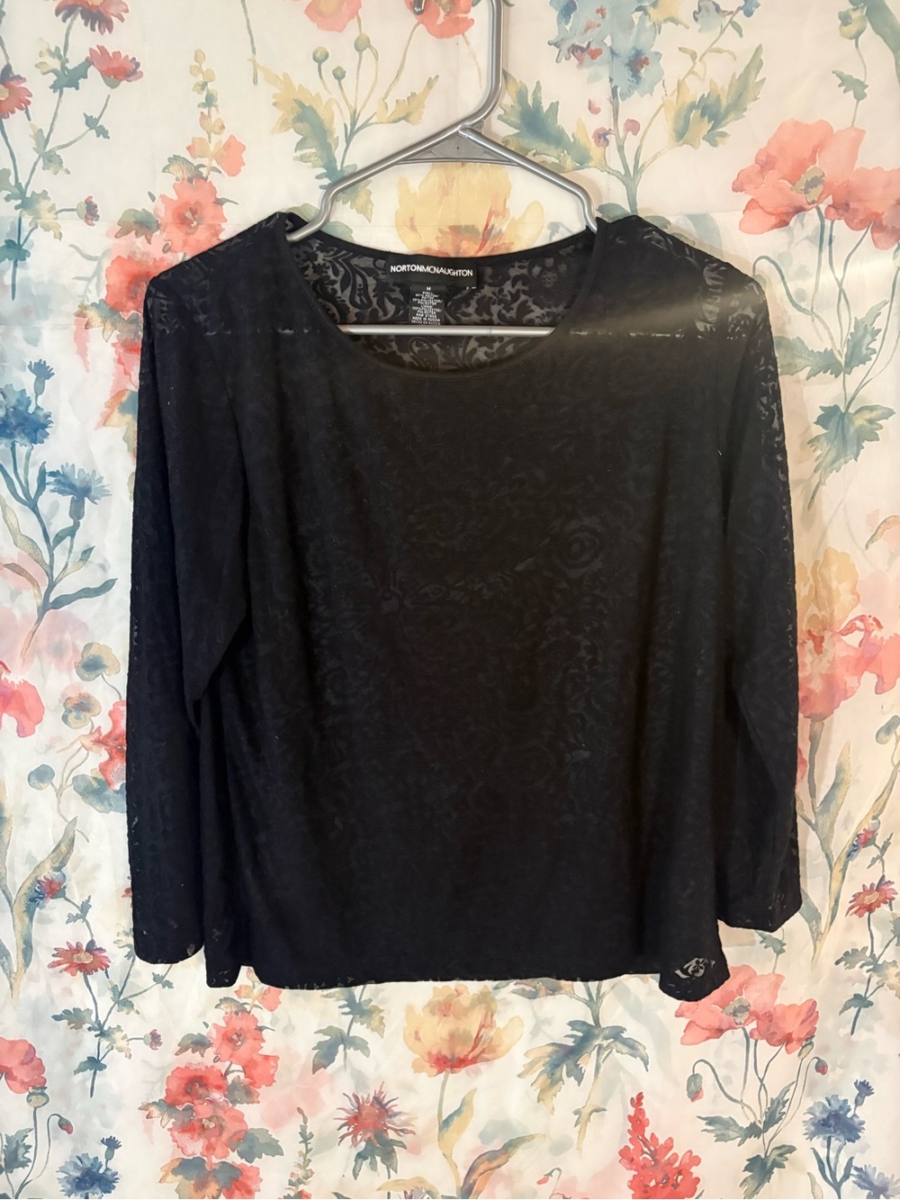 Vintage Norton McNaughton Black Long-Sleeve Lace Top with Built in Tank